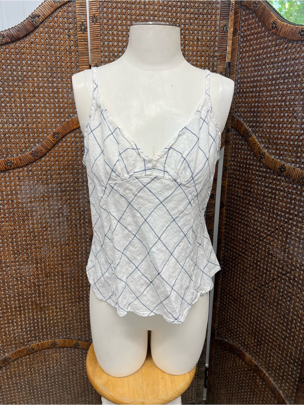 Flax linen tank top blue white medium